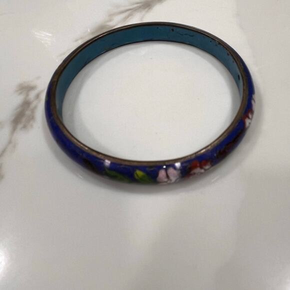 Vintage Cloisonné Enamel Bangle Bracelet – Blue Floral Chinese Style Jewelry - Picture 6 of 8
